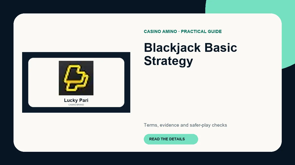 Blackjack Basic Strategy editorial cover featuring Lucky Pari casino brand artwork
