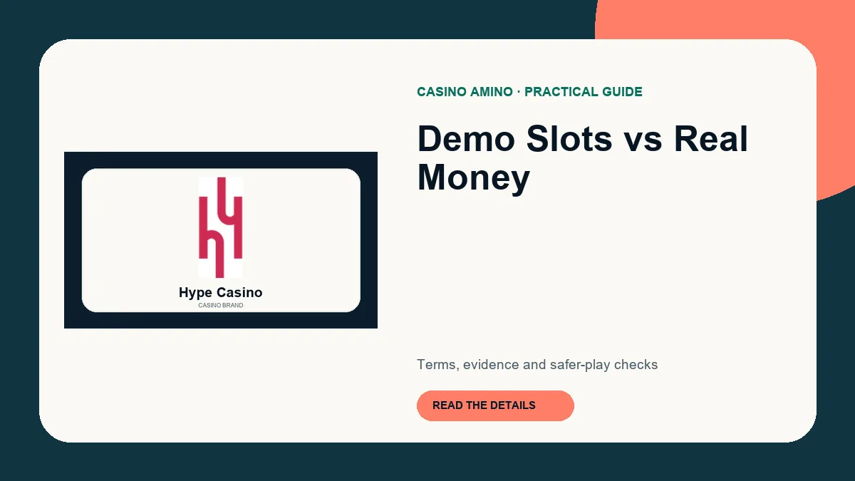Demo Slots vs Real Money editorial cover featuring Hype Casino casino brand artwork