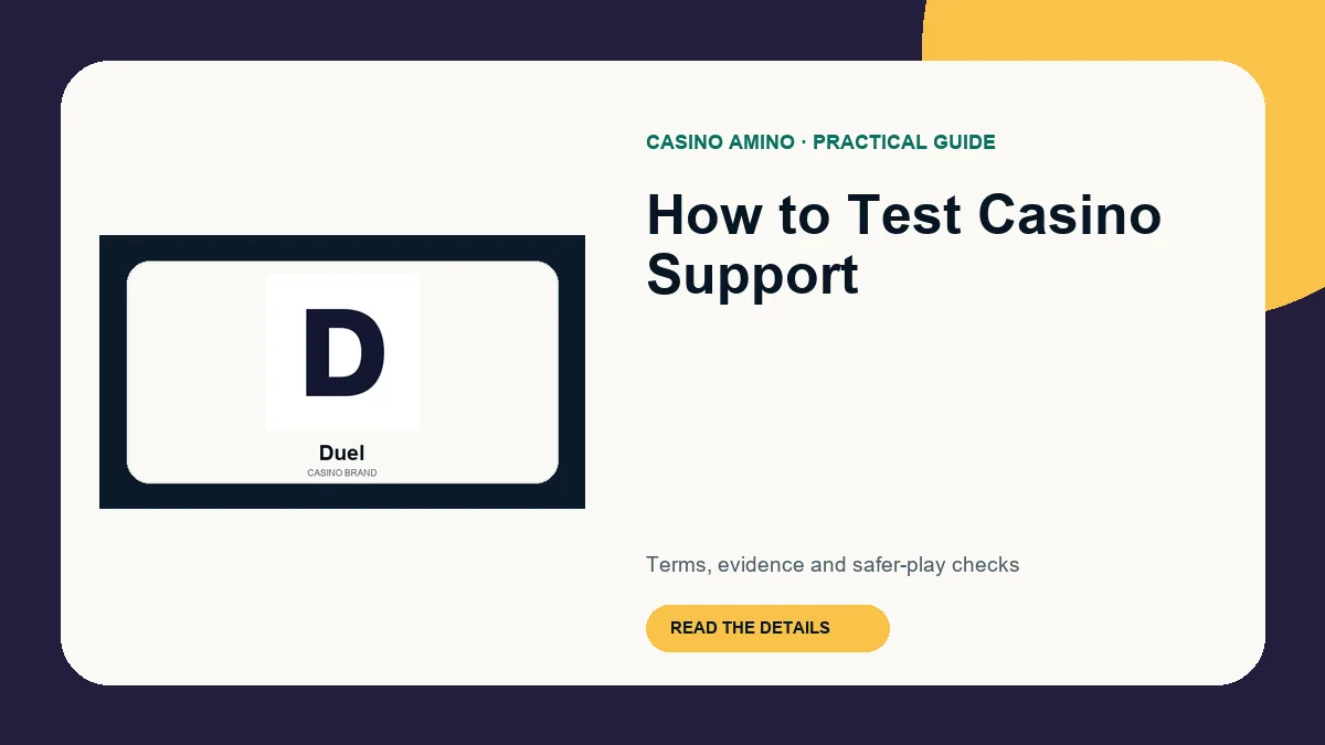 How to Test Casino Support editorial cover featuring Duel casino brand artwork